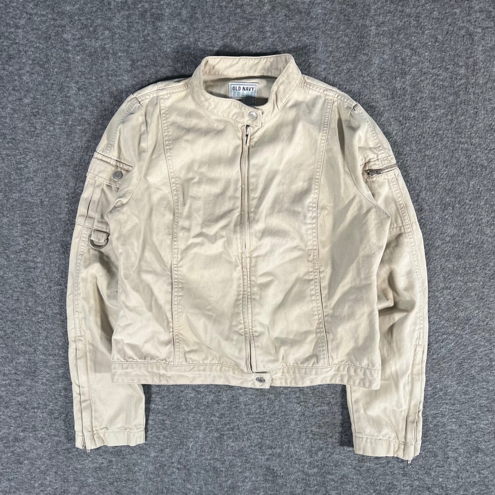 Vintage 90's Old Navy Womens Beige Khaki Cotton Utility Moto Zip Jacket Size M